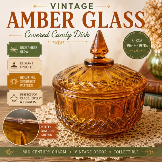 Vintage Amber Glass Covered Candy Dish | Mid-Century Sunburst Pattern, Finial Lid