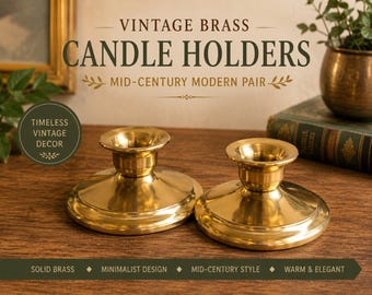Vintage Solid Brass Candle Holders Pair | Mid-Century Modern Minimalist Decor