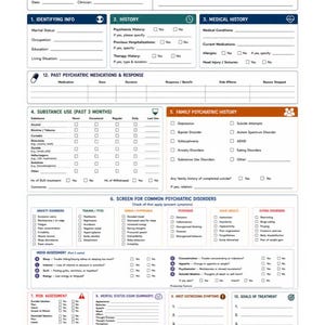 May include: A detailed psychiatric assessment form with sections for identifying information, history, medical history, substance use, and family history. The form includes checkboxes and lines for detailed responses. The text "PSYCHIATRIC ASSESSMENT" is at the top.