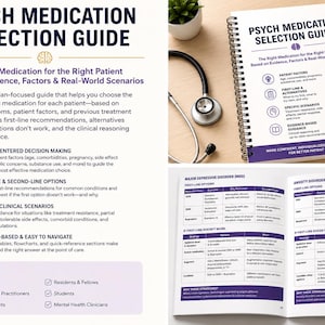 May include: A spiral-bound "Psych Medication Selection Guide" book with the title in large, bold letters. The cover includes the subtitle "The Right Medication for the Right Patient." A stethoscope and pen are also visible.