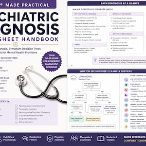 May include: A handbook titled "Psychiatric Diagnosis Cheat Sheet" with a stethoscope. The book covers differential diagnosis, symptom decision trees, and clinical pearls. It includes information on major depressive disorder and symptom decision trees.
