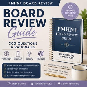 May include: A spiral-bound PMHNP Board Review Guide book with a dark blue cover, white text, and a gold brain icon. The book sits on two stacked white books labeled Psychiatric-Mental Health and Advanced Practice Nursing, next to a gold pen.