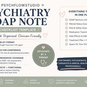 Może przedstawiać: Cyfrowy szablon listy kontrolnej dla notatek SOAP z psychiatrii. Projekt zawiera tekst "PSYCHIATRY SOAP NOTE" i "CHECKLIST TEMPLATE". Jest przeznaczony dla PMHNP, psychiatrów, terapeutów i pracowników służby zdrowia psychicznego. Szablon jest do wydruku.