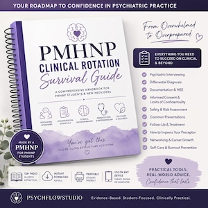 May include: A spiral-bound book titled "PMHNP Clinical Rotation Survival Guide" with purple and white cover. The book includes text about psychiatric practice, student resources, and a list of topics. The cover also features the text "You've got this."