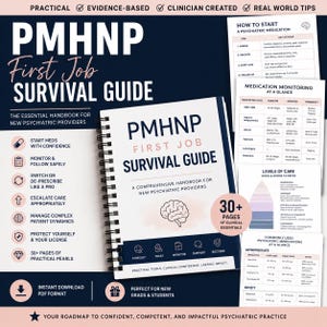 Op de afbeelding: Een spiraalgebonden boek getiteld "PMHNP First Job Survival Guide" met een witte kaft en zwarte tekst. Het boek bevat informatie over psychiatrische medicatie en patiëntenzorg. Extra pagina's tonen grafieken en diagrammen. Het is voor nieuwe psychiatrische zorgverleners.