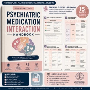 Op de afbeelding: Een handboek getiteld "Psychiatric Medication Interaction Handbook" met het PsychFlowStudio-logo. De omslag toont een hersengrafiek en de tekst "A Quick-Reference Guide to Safe Prescribing & Patient Safety". Extra pagina's beschrijven klinische essentials en interactie-informatie.