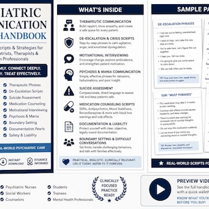 May include: A handbook titled "Psychiatric Communication Scripts Handbook" with essential phrases and strategies for mental health professionals. The cover features a brain graphic and the text "Communicate Calmly. Connect Deeply. De-escalate Safely. Treat Effectively."