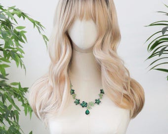 Ombre Cream Platinum Big Wave Long Wig with Straight Bangs,20 Inch,Adjustable Cap,Simulated Scalp,Handmade Human Hair for Daily,Party