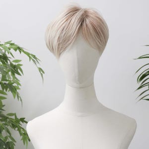May include: A short, layered wig featuring a blend of light blonde and soft brown tones. The hair is styled with a textured, voluminous crown and tapered sides, resting on a smooth, off-white mannequin head and neck form.