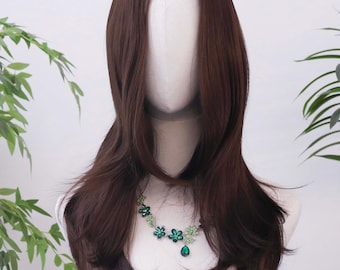 Dark Chestnut Tea Brown Long Wavy Wig with Middle Part,24 Inch,Adjustable Cap,Simulated Scalp,Handmade Human Hair for Daily,Party & Cosplay
