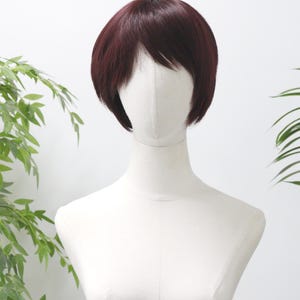 Solid Wine Red Side Bang Pixie Short Bob Wig 8 Inch Adjustable Cap Daily Office Handmade Human Hair Wig