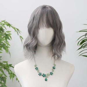 Fashion Gray Short Water Wave Curly Wig with Air Bangs,12 Inch,Adjustable Cap,Breathable Simulated Scalp,Handmade Human Hair for Daily