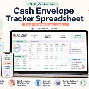 May include: A laptop and smartphone display a cash envelope tracker spreadsheet. The spreadsheet is a digital template for budgeting, with sections for tracking income, expenses, and savings. The image includes the text "Cash Envelope Tracker Spreadsheet".