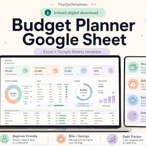 May include: A laptop and tablet display a budget planner Google Sheet template. The screen shows financial data, charts, and graphs. The image includes a piggy bank, a potted plant, and text that reads "Budget Planner Google Sheet."