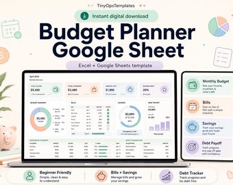 Modèle de feuille de calcul Excel Google Sheets pour planificateur de budget mensuel, outil de suivi des économies et des revenus