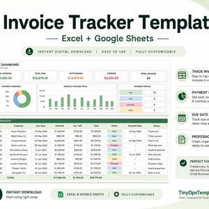 Op de afbeelding: Digitale factuurvolgsjabloon voor Excel en Google Sheets. Beschikt over een factuuroverzicht, betalingsoverzicht en vervaldatumwaarschuwingen. De sjabloon is volledig aanpasbaar en gemakkelijk te gebruiken.