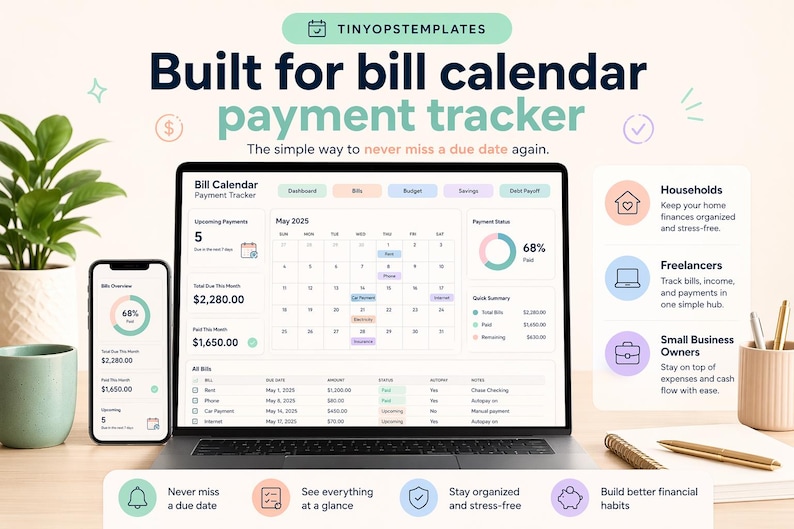 Bill Payment Calendar Spreadsheet Excel Google Sheets Template, Due Date Payment Tracker image 6