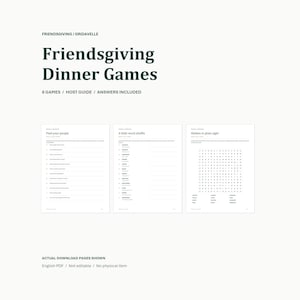 Può includere: Un set digitale di giochi per la cena di Friendsgiving che include 8 giochi, una guida per l'ospite e le risposte. Sono visualizzate tre pagine bianche con testo nero, tra cui Find your people, A little word shuffle e Hidden in plain sight.