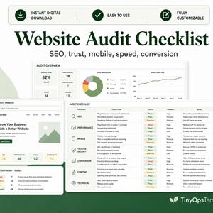May include: A digital website audit checklist with the title "Website Audit Checklist" and the subtitle "SEO, trust, mobile, speed, conversion." The checklist includes sections for audit overview, website preview, and top priority issues.