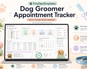 Dog Groomer Appointment Tracker Spreadsheet Excel Google Sheets Template, Pet Client Booking Planner