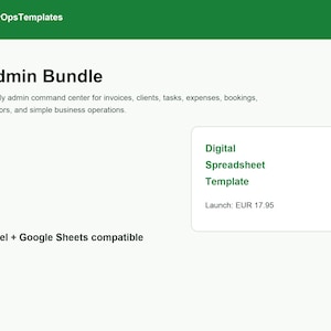 May include: A digital spreadsheet template, part of an Admin Bundle, designed for business operations. The image features text that reads "Digital Spreadsheet Template" and "Excel + Google Sheets compatible."