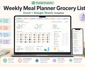 Weekly Meal Planner Grocery List Spreadsheet (Excel Google Sheets)