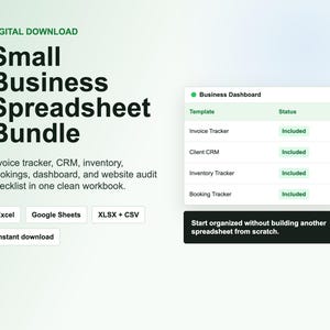 Könnte beinhalten: Eine digitale Download-Grafik mit dem Text "Small Business Spreadsheet Bundle". Das Bundle enthält Vorlagen für Rechnungen, CRM, Inventar, Buchungen und Dashboards. Formate: Excel, Google Sheets und XLSX + CSV. Das Bild enthält auch eine Liste der enthaltenen Funktionen.