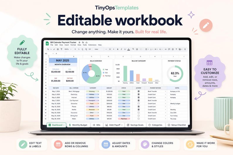 Bill Payment Calendar Spreadsheet Excel Google Sheets Template, Due Date Payment Tracker image 3