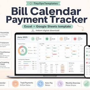 Bill Payment Calendar Spreadsheet Excel Google Sheets Template, Due Date Payment Tracker image 1