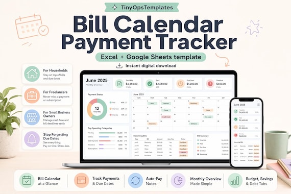 Bill Payment Calendar Spreadsheet Excel Google Sheets Template, Due Date Payment Tracker