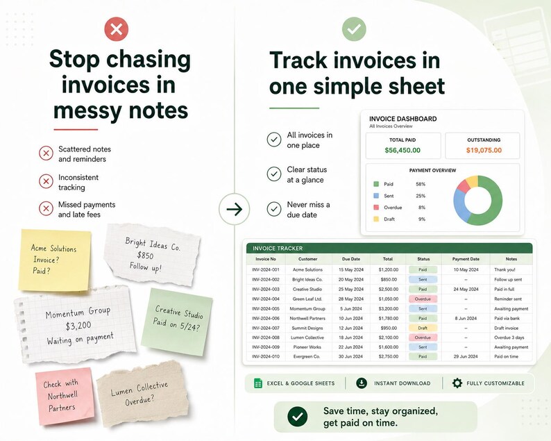 Invoice Tracker Spreadsheet Excel Google Sheets Template, Payment ...