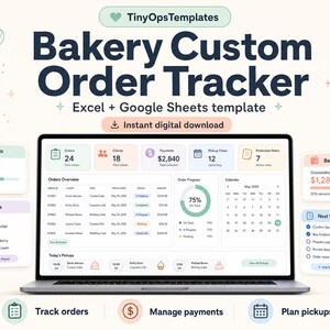 Könnte beinhalten: Ein Laptop-Bildschirm zeigt eine Vorlage zur Nachverfolgung von Bestellungen in einer Bäckerei. Die Oberfläche zeigt Bestelldetails, Zahlungsübersichten und einen Kalender. Das Design umfasst Pastellfarben und Symbole für Einzahlungen, Geschmacksrichtungen und Salden. Der Text auf dem Bildschirm lautet "Bakery Custom Order Tracker."