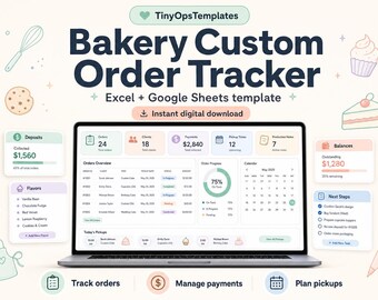 Bakery Custom Order Tracker Spreadsheet Excel Google Sheets Template, Cake Order Planner