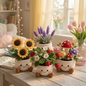 Handmade Crochet Flower Pot Set with Mushroom Sunflower Lavender Strawberry Rose Tulip, Decor Home Gift, Desk Decor