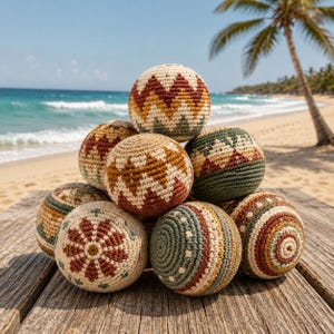 Hacky Sack au crochet bohème, sac à pieds Amigurumi ton terre, ballon de jonglage bohème aztèque, jouet de plage fait main, cadeau cool de style hippie