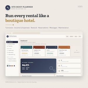 Airbnb- und Kurzzeitvermietungs-Planer | Reinigungsplan, Einnahmen- und Ausgabenverfolgung, Nachbestellungsliste für Verbrauchsmaterialien | Bearbeitbare Web-App