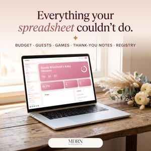 Könnte beinhalten: Ein Laptop mit einem rosafarbenen digitalen Dashboard mit der Überschrift Sarah Whitfield's Baby Shower. Der Text darüber lautet: Everything your spreadsheet couldn't do. BUDGET · GUESTS · GAMES · THANK-YOU NOTES · REGISTRY.