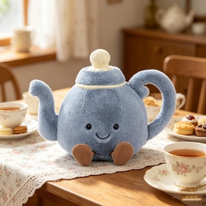 Puede incluir: Una tetera de peluche azul claro con una cara sonriente, pies marrones y un botón blanco en la parte superior. La tetera está sobre una mesa puesta para el té, con tazas, platillos y pasteles.