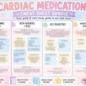 Op de afbeelding: Een kleurrijke studiehandleiding getiteld "Cardiac Medications Cheat Sheet Bundle" met secties over Calciumkanaalblokkers, Bètablokkers, ACE-remmers en Angiotensine II-receptorblokkers. Bevat tekst: "Your quick & cute study guide to ace med class!"