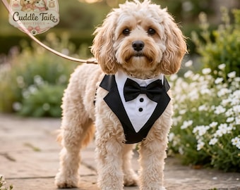 Dog Tuxedo Harness with Bow Tie, Wedding Dog Outfit, Formal Pet Vest, Small Medium Dog Costume, Engagement Birthday Valentines Day Dog Suit