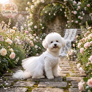 White Dog Wedding Dress with Pearl Flower Bow, Bridal Dog Costume, Small Dog Princess Dress Tulle, Puppy Satin Gown, Chihuahua Yorkie Cat