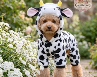 Cow Dog Onesie Costume, Full Body Cow Print Plush Fleece Jumpsuit, 3D Cow Hood and Tail,Halloween Costume,Small Dog Cosplay,Gift for Dog Mom
