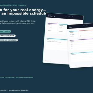 Puede incluir: Una plantilla digital de planificador de enfoque Goodnotes de 90 días con dos páginas blancas con encabezados oscuros, acentos de líneas coloridas y campos de texto. El diseño incluye secciones para tareas diarias, objetivos y navegación.