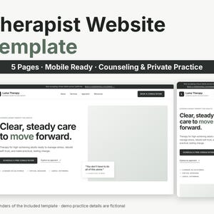 Könnte beinhalten: Eine Website-Vorlage für Therapeuten mit fünf Seiten und mobilem Design. Das Layout zeigt das Branding von Luma Therapy mit dem Text: Clear, steady care to move forward. Enthält einen Beratungstermin-Button und Praxisdetails.