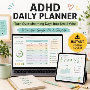 ADHD Daily Planner Google Sheets Template, Dopamine Menu, Micro Task & Energy Tracker