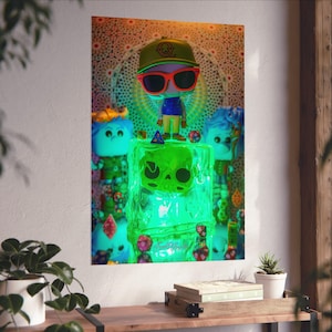 Può includere: Una statuetta in vinile stilizzata che indossa un berretto giallo con la lettera Q, occhiali da sole con montatura arancione, un gilet blu e pantaloni gialli, posizionata sopra un cubo verde traslucido luminoso con teschio e dadi da gioco.