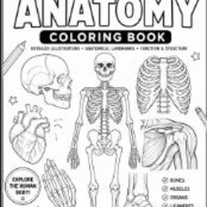 Peut inclure: Un livre de coloriage en noir et blanc intitulé "HUMAN ANATOMY COLORING BOOK" avec des illustrations du système squelettique humain, du cœur et d'autres caractéristiques anatomiques. Le livre comprend le texte "LEARN COLOR LABEL REMEMBER".
