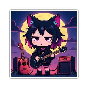May include: A sticker featuring a cartoon character with black cat ears and dark hair playing a black electric guitar. To the left is an acoustic guitar and to the right is an amplifier labelled AMP. The background shows a large yellow moon.