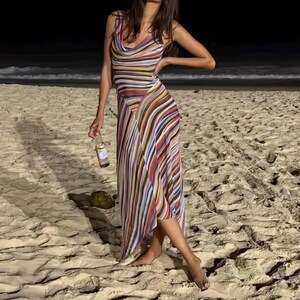 long tight beach dress Summer Sleeveless Striped Spaghetti Strap Women Irregular Vacation Vestidos V-neck Fashion Skirt 2026 Waist Size:S-(28-30 INCHES) 6 Easy Black Dress maskali Crochet Rvkxad Women Summer Dresses