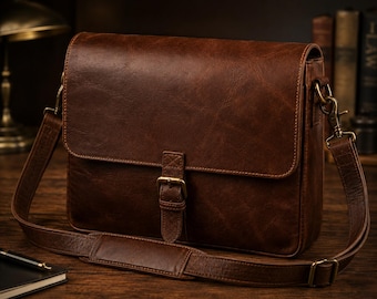 Classic Brown Leather Crossbody Messenger Bag